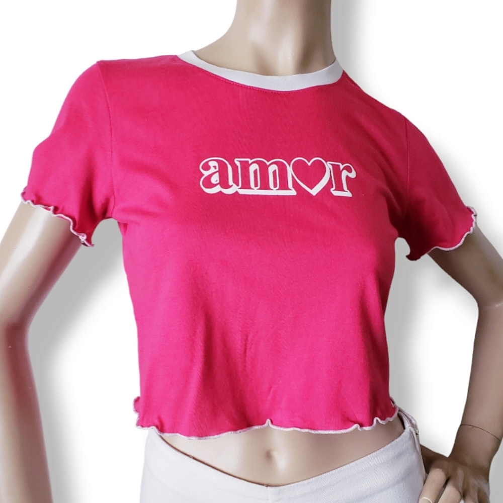 Rock Rose Couture Pink "Amor" Print Lettuce Edge Crop Top